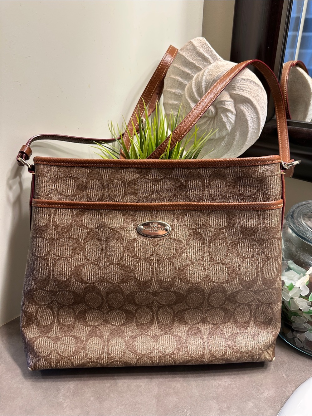 Coach Brown Signature Crossbody Bag with Leather Trim